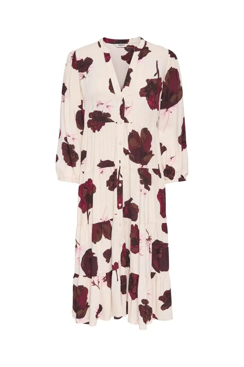 Only - Onlmilana Sola 3/4 Midi Dress - 5095462 Oatmeal Red Flower