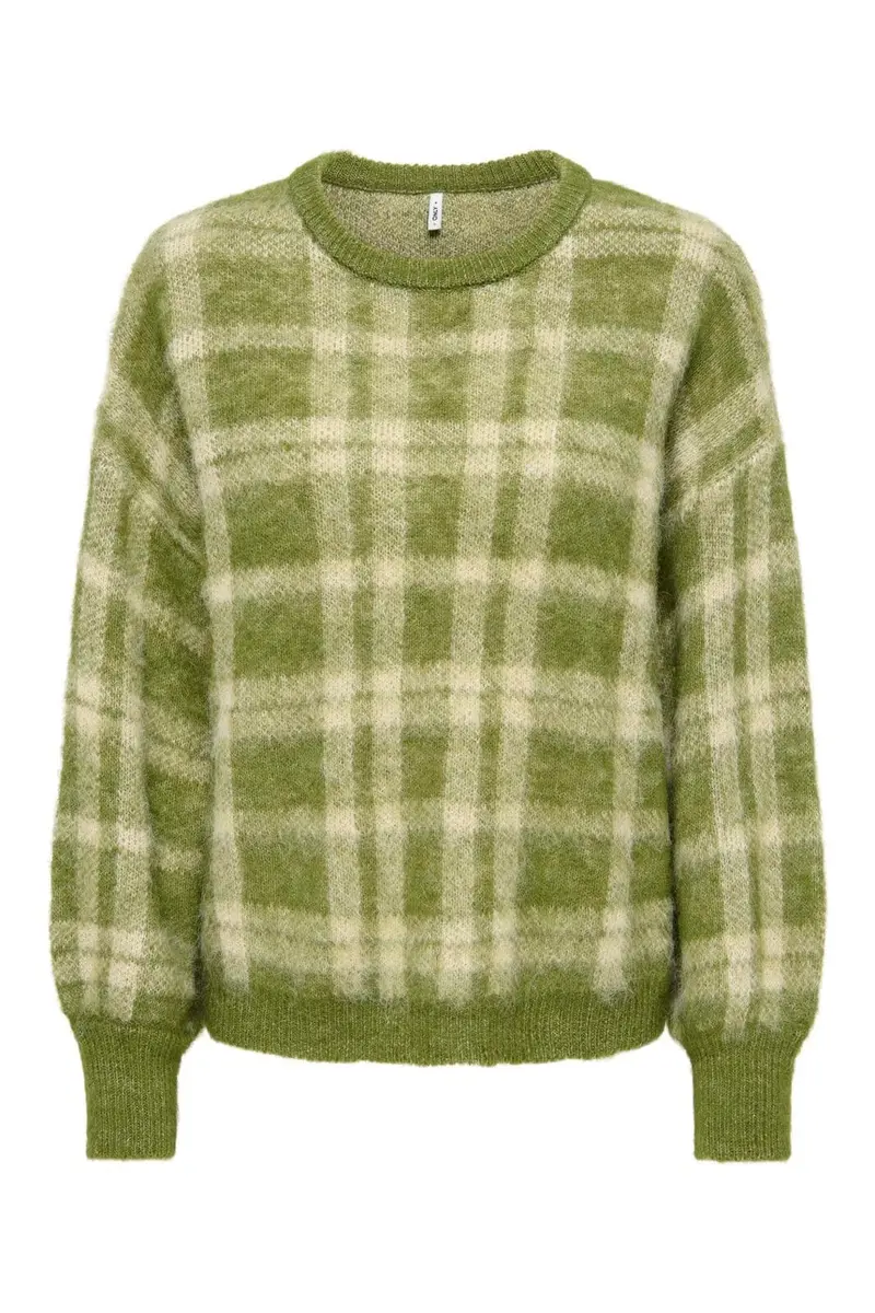 Only - Onlnoeme Life Ls Jq O-Neck Knt - 5112127 Sphagnum Mel/Off White/Checks