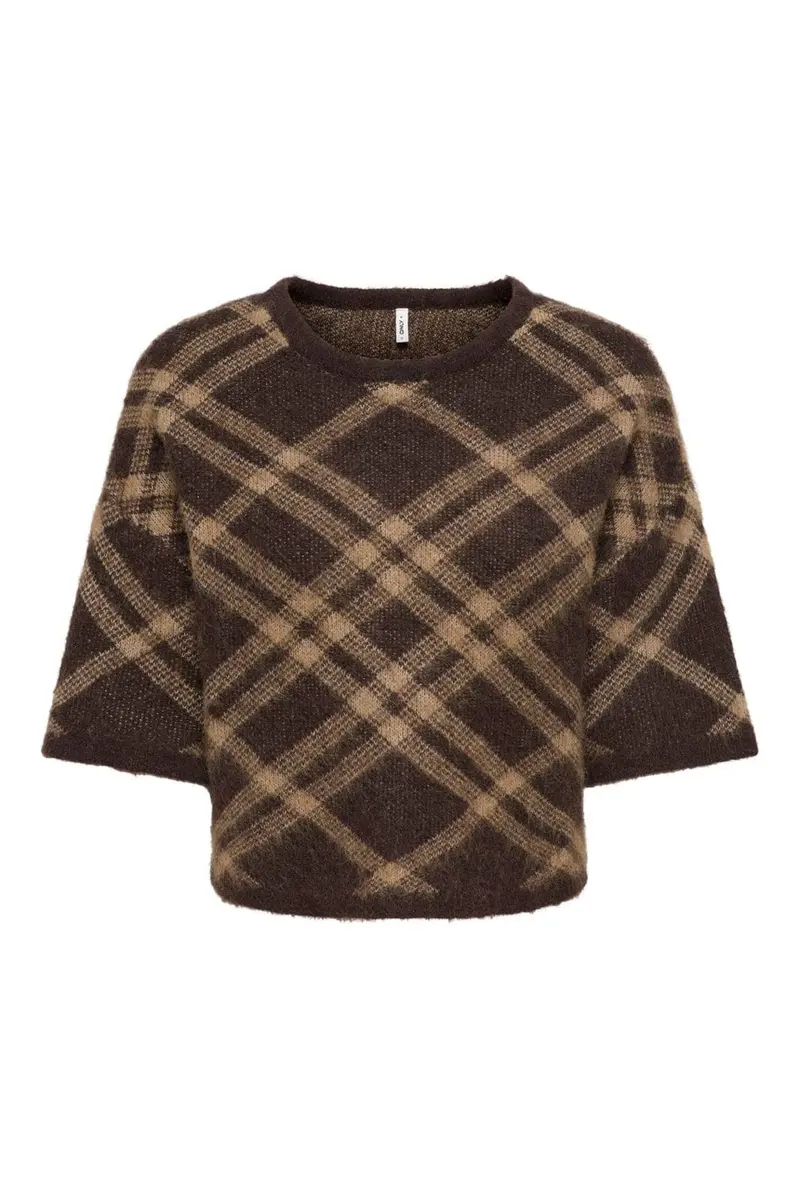 Only - Onlnoeme Ss Pattern O-Neck Knt - 5107920 Chocolate Martini Check/Coca Creme/Mel