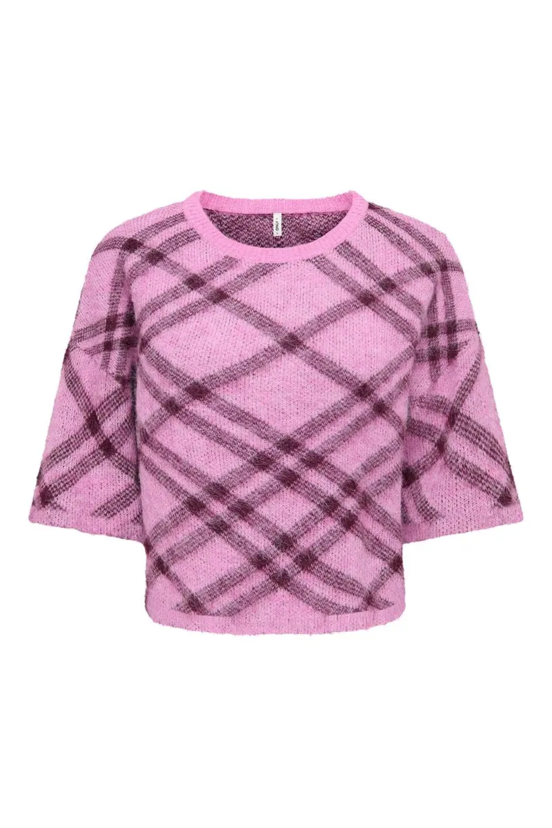 Only - Onlnoeme Ss Pattern O-Neck Knt - 5137184 Cyclamen Check/Fig/Mel