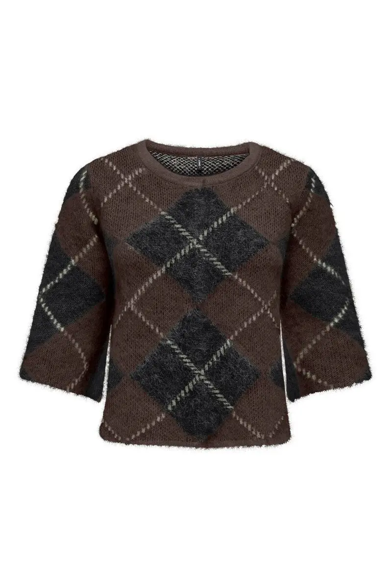 Only - Onlnoeme Ss Pattern O-Neck Knt - 5137193 Coffee Bean Big Argyle/Black/Oatmeal/Mel