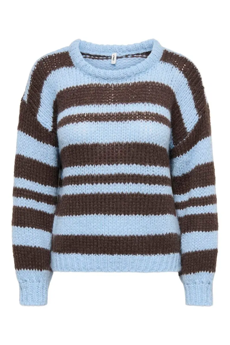 Only - Onlnordic Ls Stripe O-Neck Knt - 5089524 Dusty Blue Block/Coffee Bean