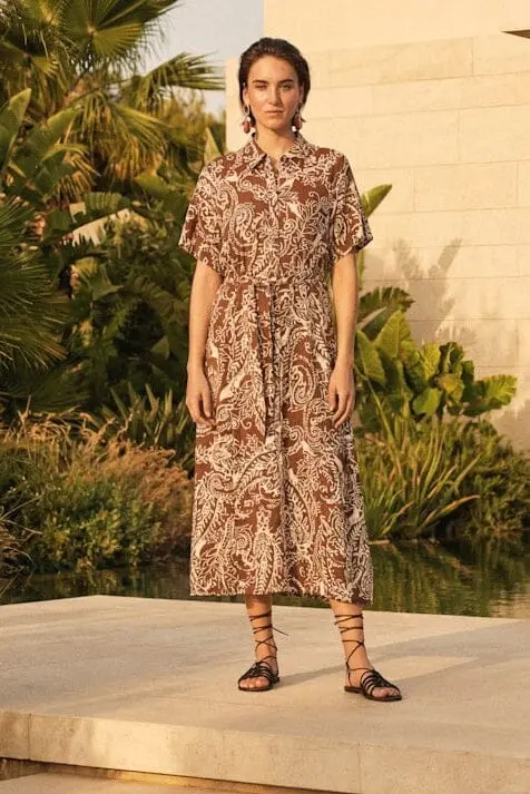 Only - Onlsafa S/S Long Belt Dress - 5095544 Cappuccino Cloud Dancer Paisley