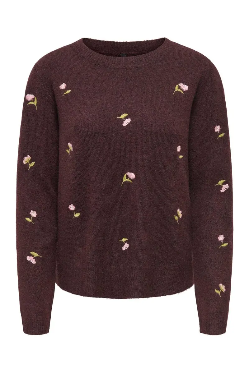 Only - Onlshine Ls Embroidery O-Neck Cc Knt - 5100611 Fudge Mel/Flower Body/Beech/Pale L/Birch