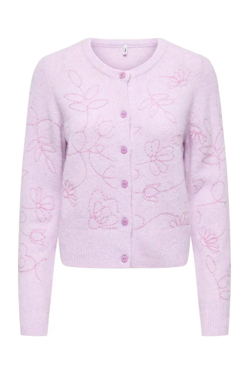Only - Onlsola Ls Emb O-Neck Cardigan Knt - 5061987 Pale Lilac Flowers/Cyclamen