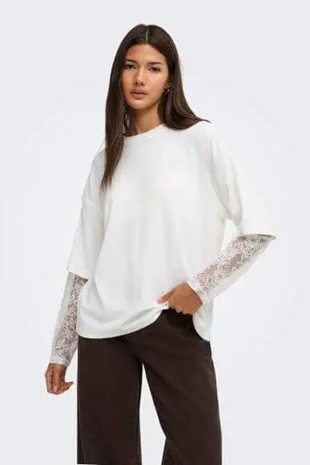 Only - Onltahlia L/S Lace Top - 5146836 Cloud Dancer Dtm Lace