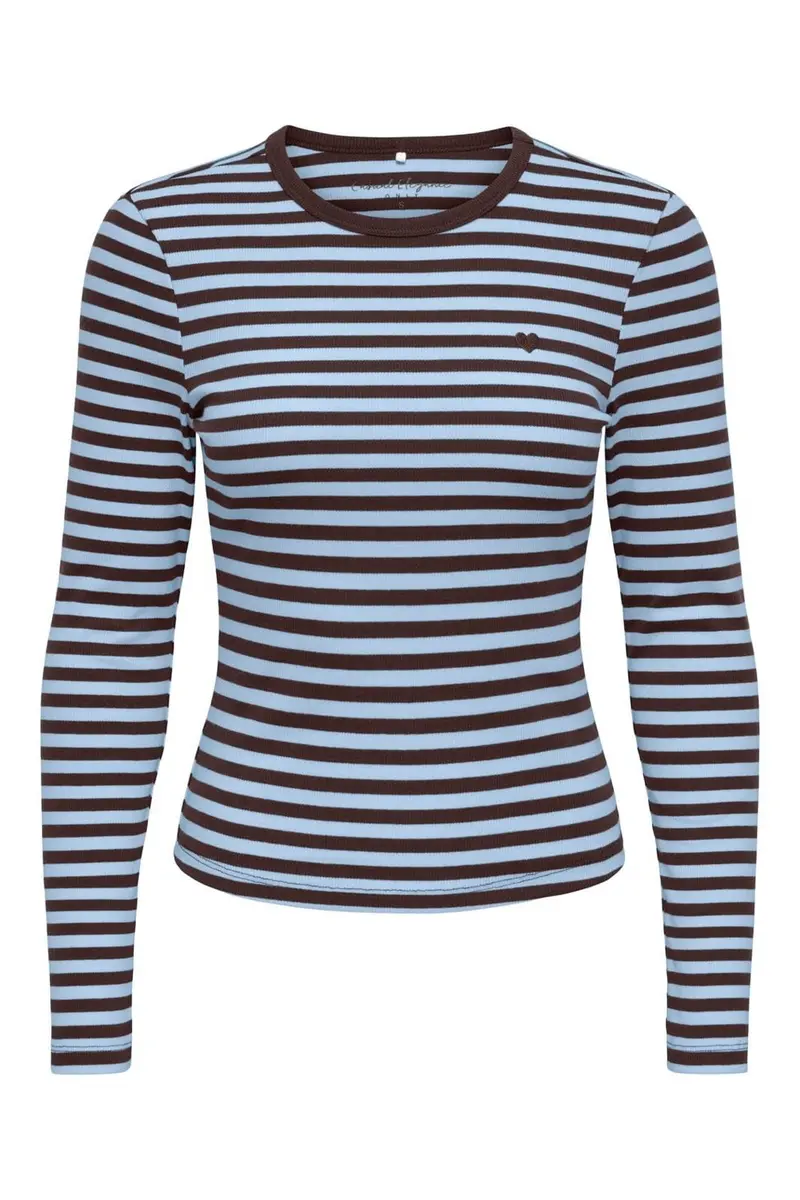 Only - Onlval L/S O-Neck Stripe Top - 5155543 Coffee Bean Cashmereblue (Mette) + Emb. Heart