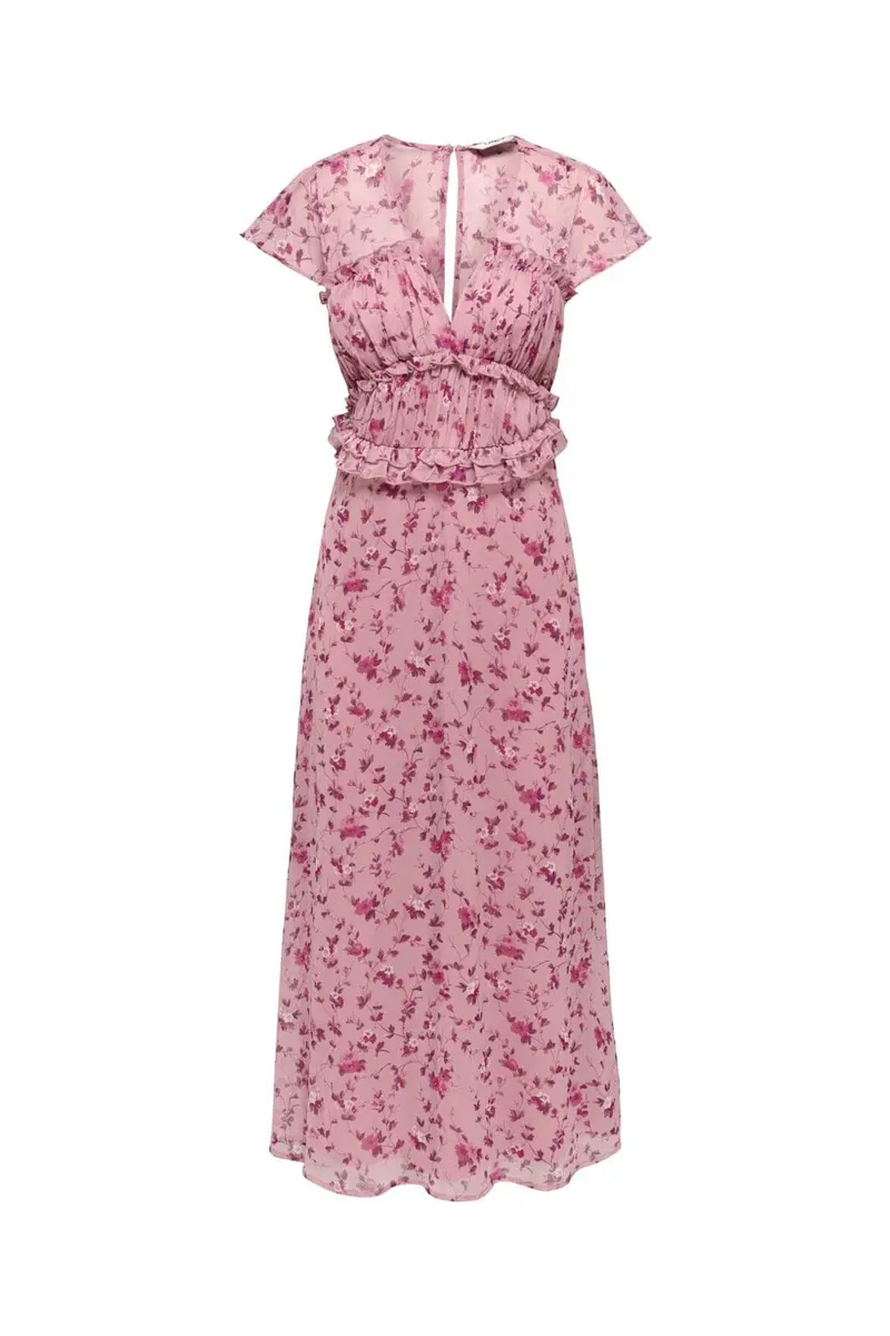 Only - Onlvalda S/S Long Frill Dress - 5092539 Elderberry Pink Purple Flowers