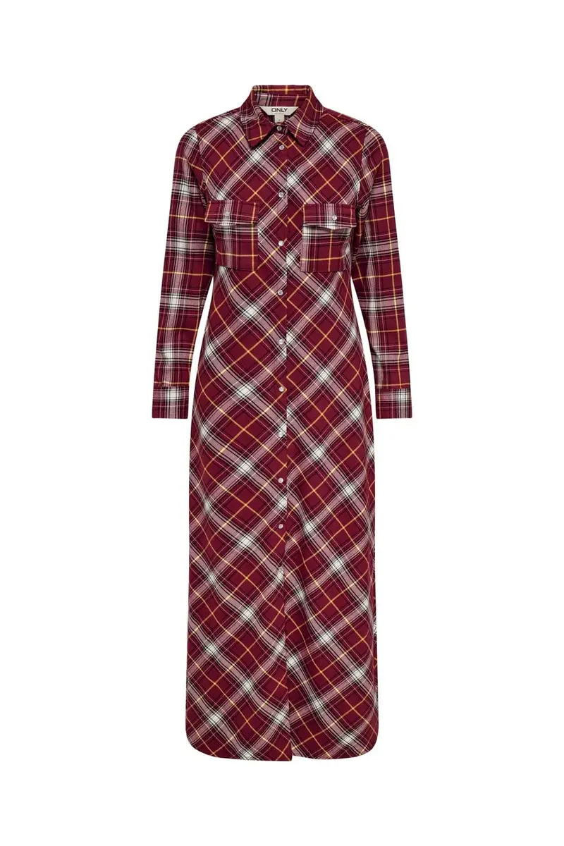 Only - Onlwren Check L/S Long Shirt Dress - 4970170 Syrah Checked Pulse