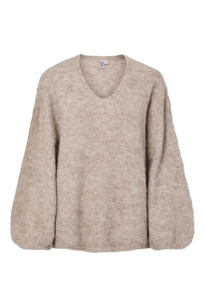 Pieces - Pcallie Ls V-Neck Knit Mwa - 5090885 Greige Melange