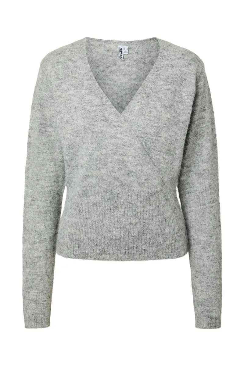 Pieces - Pcallie Ls V-Neck Wrap Knit Mwa - 5144350 Light Grey Melange