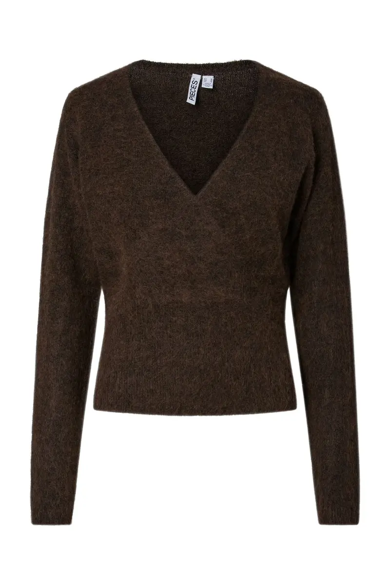 Pieces - Pcallie Ls V-Neck Wrap Knit Mwa - 5148069 Hot Fudge Melange