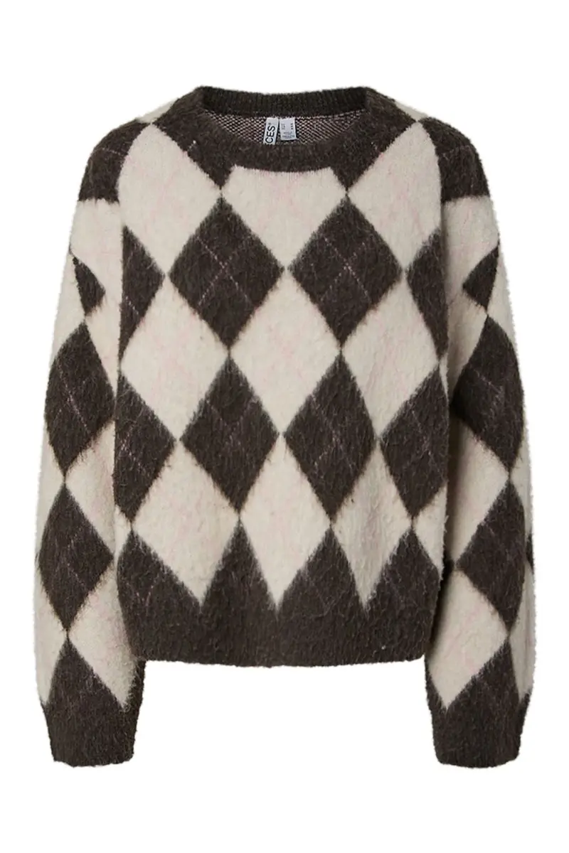 Pieces - Pcalva Ls Loose O-Neck Check Knit - 5137200 Hot Fudge W. Birch + Sea Pink