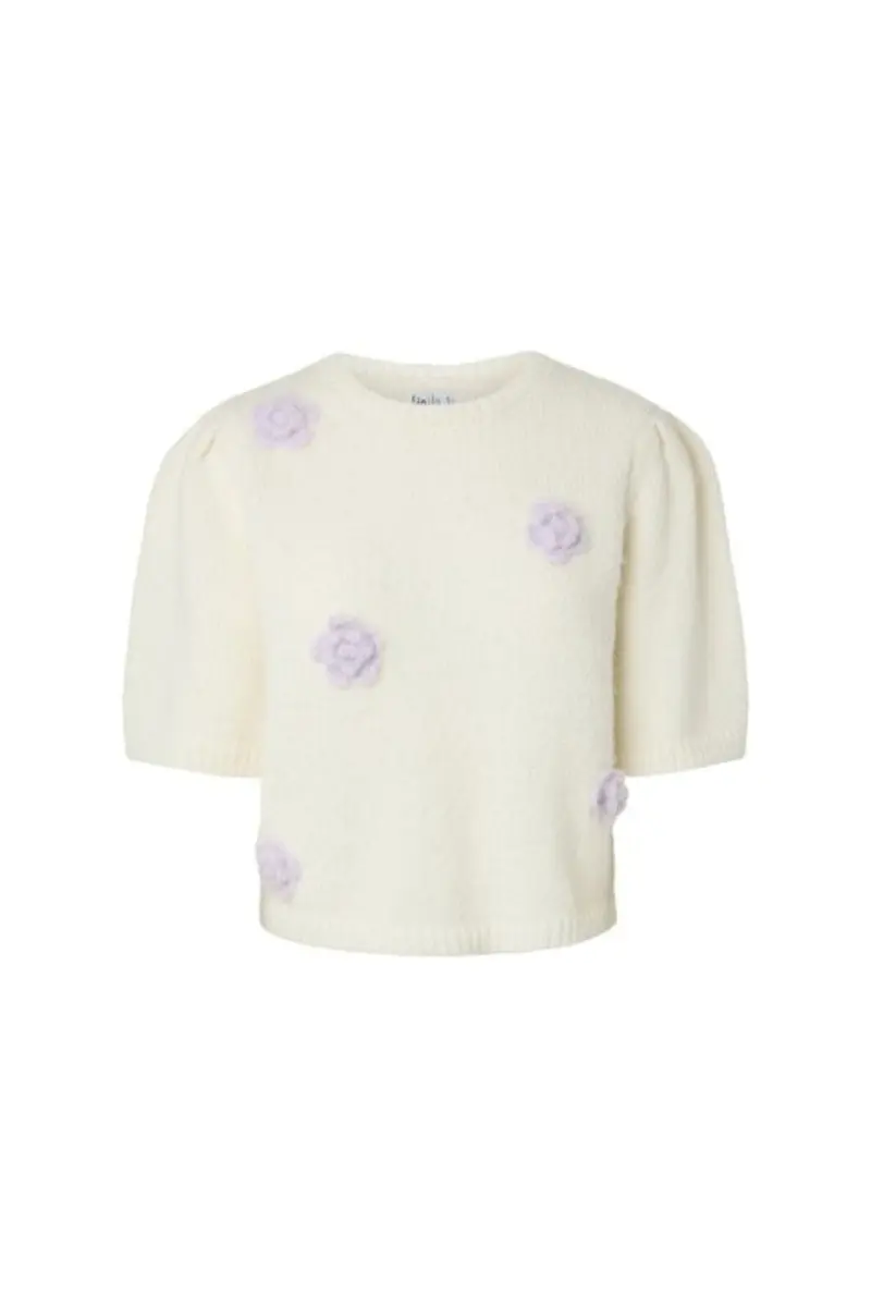 Pieces - Pcaya 2/4 O-Neck Knit - 5121428 Cloud Dancer Light Lilac Flowers