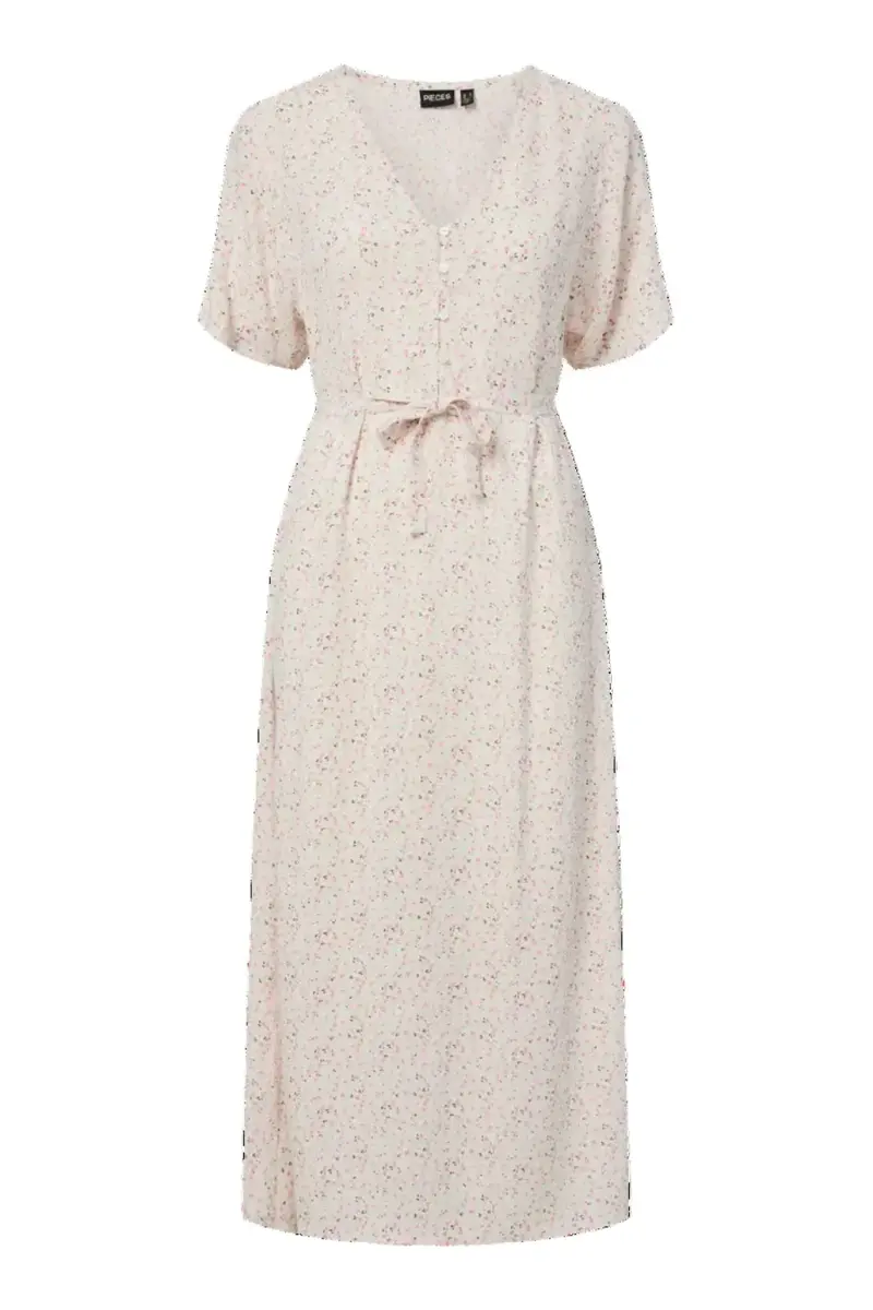 Pieces - Pcbarri Ss Midi V-Neck Dress Msa - 4983766 Cloud Dancer Ditsy Flower Feel