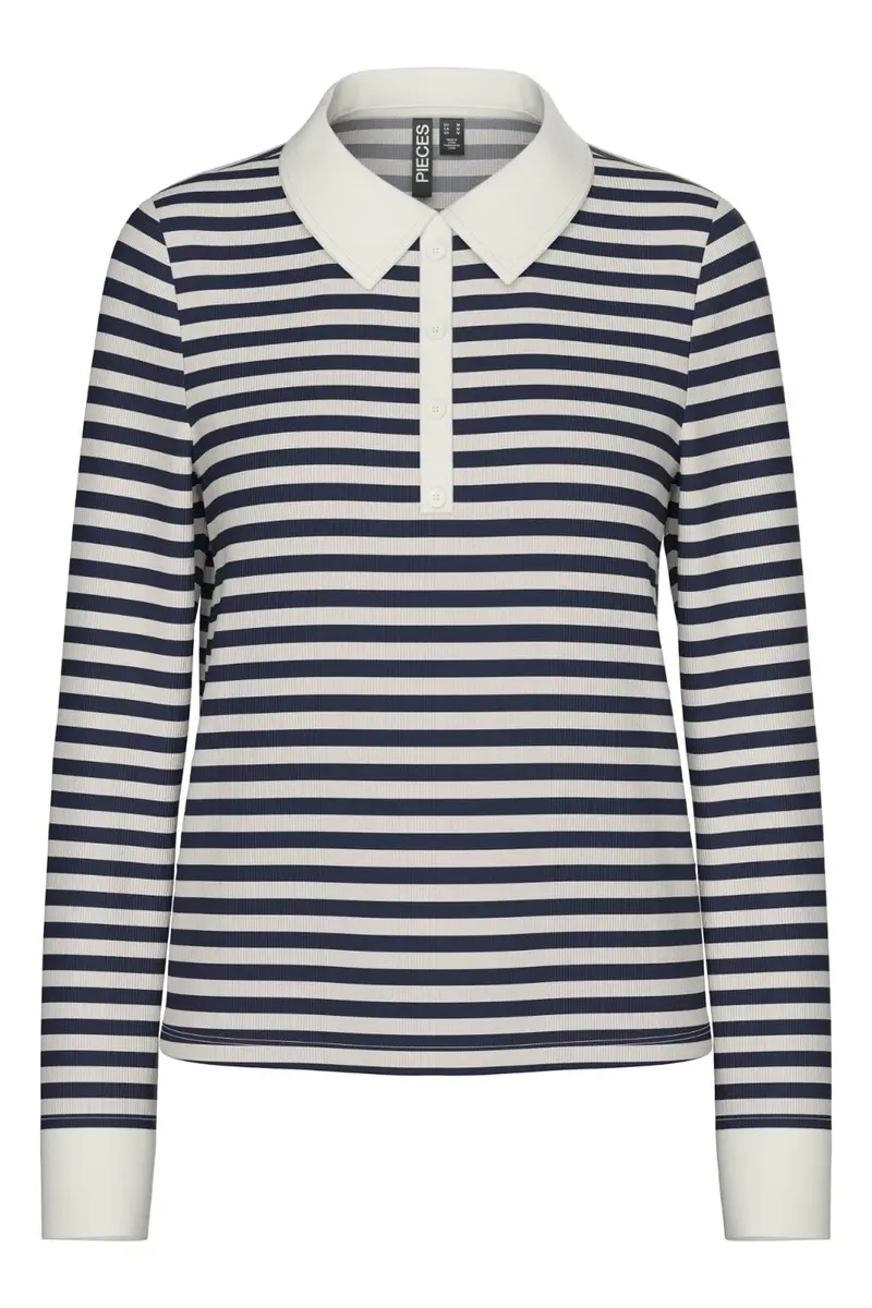 Pieces - Pcdonna Ls Rib Polo Fsy - 4886079 Maritime Blue Silver Grey