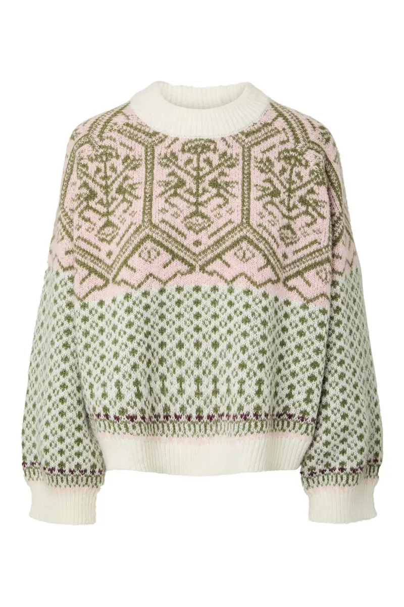 Pieces - Pcellin Ls O-Neck Knit - 5132256 Cloud Dancer W. Sphagnum + Pale Rosette