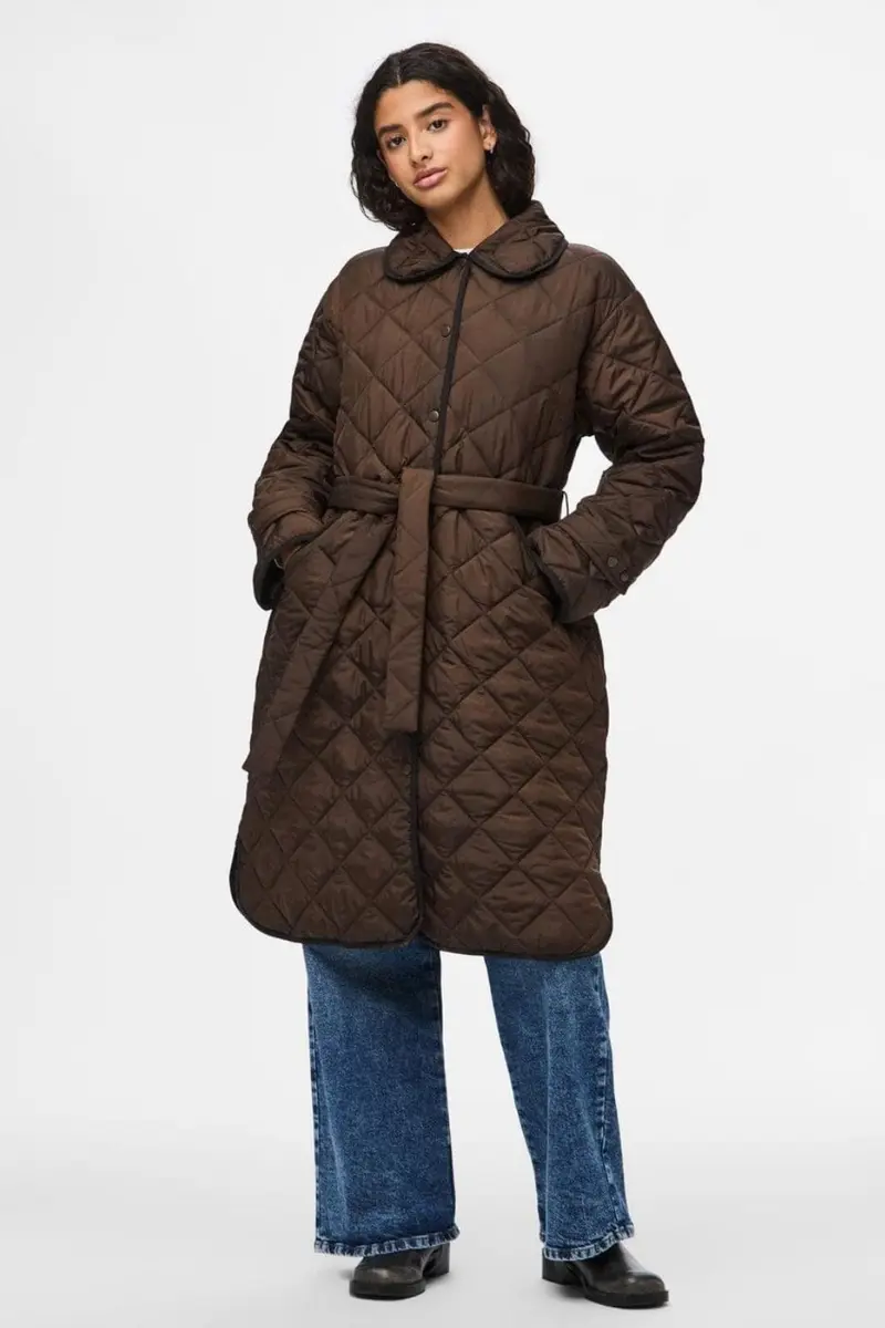 Pieces - Pcemily Long Quilted Jacket - 4816860 Hot Fudge Black Bindings