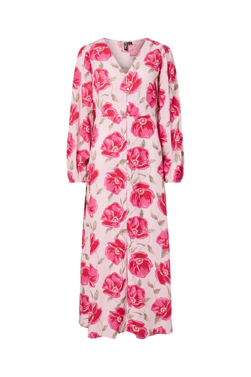 Pieces - Pcgaitlyn Ls Ankle Dress - 5051948 Pink-A-Boo Aop Flower + Dtm Button