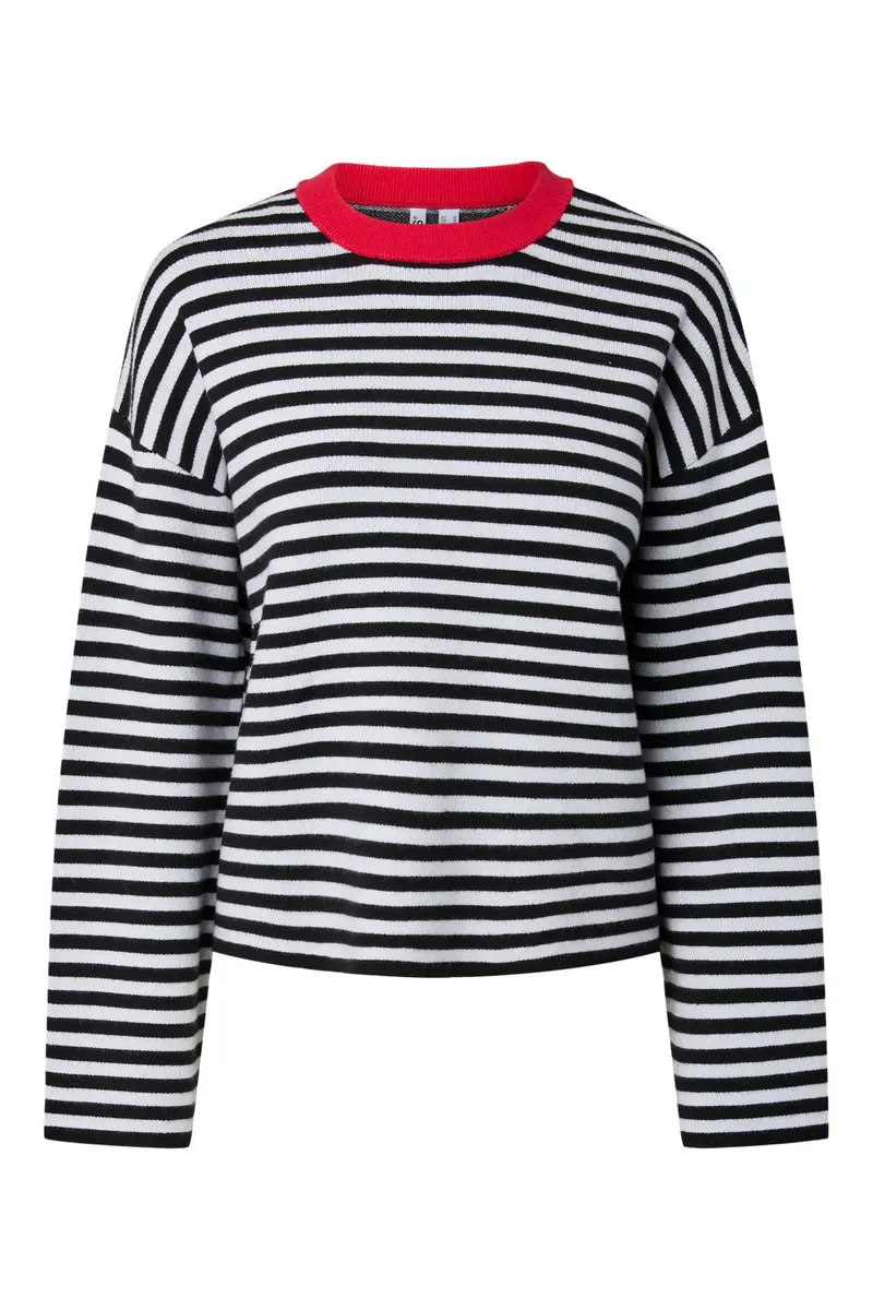 Pieces - Pcjassy Ls O-Neck Knit - 5179128 Black Cloud Dancer + High Risk Red Neck