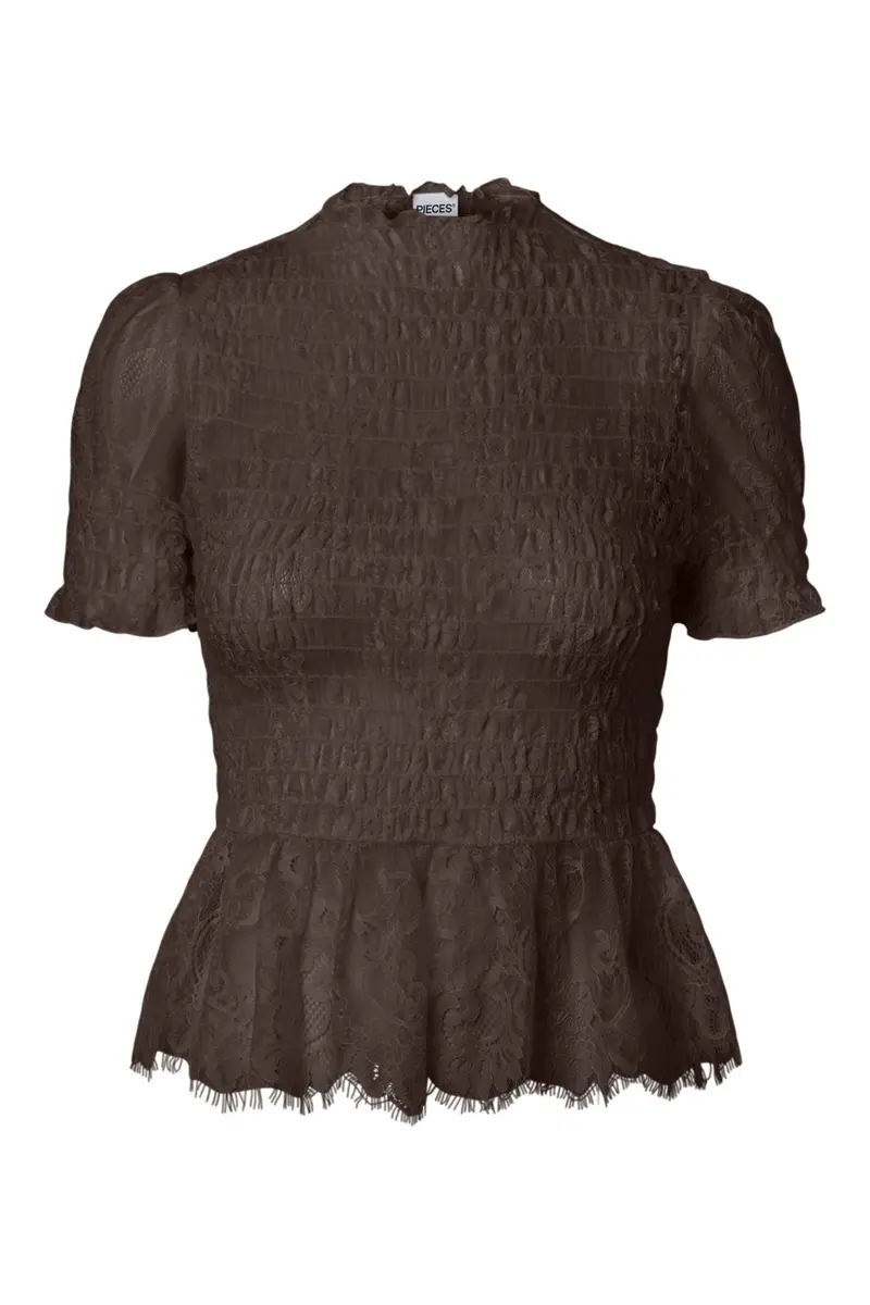 Pieces - Pcjilly Ss Lace Top - 5185375 Hot Fudge