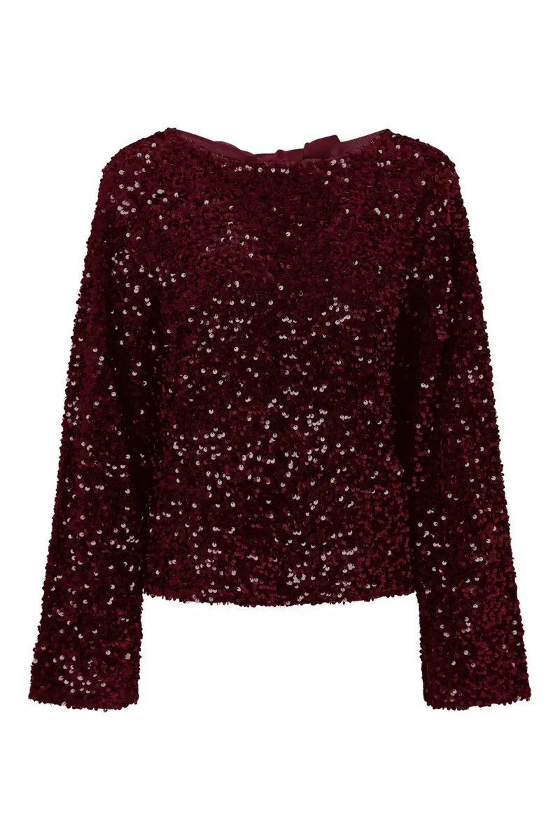 Pieces - Pckammy Ls Deep Back Bow Top - 5171943 Tawny Port Tawny Port Sequins