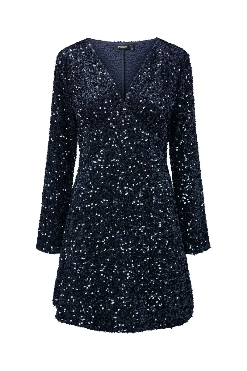 Pieces - Pckammy Ls V-Neck New Dress - 5165630 Maritime Blue Blue Sequins