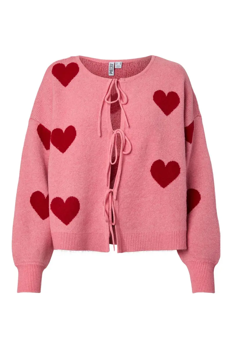 Pieces - Pckipp Ls O-Neck Tie Knit Cardigan - 5113611 Chateau Rose Red Hearts
