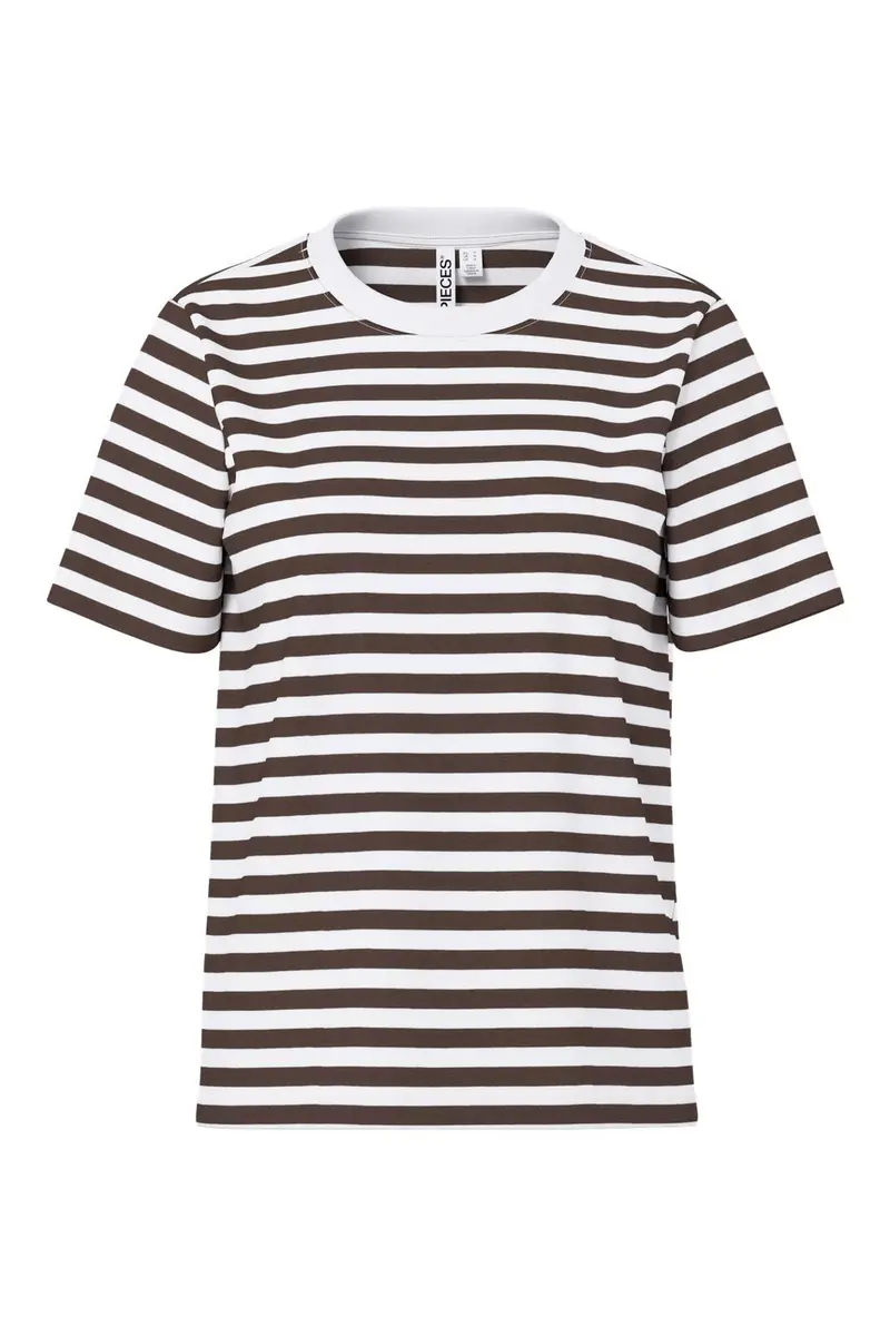 Pieces - Pcria Ss Tee Stripes - 5048825 Hot Fudge Bright White