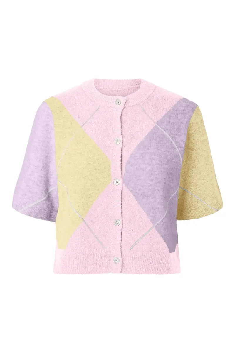 Pieces - Pcsally Ss Knit Check Cardigan - 5133917 Roseate Spoonbill Yellow/Birch/Purple