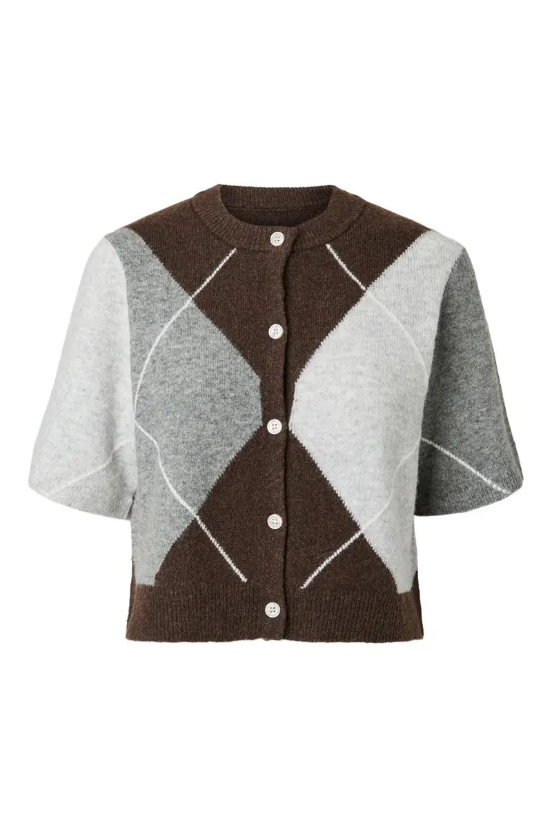 Pieces - Pcsally Ss Knit Check Cardigan - 5133918 Hot Fudge Grey/Birch