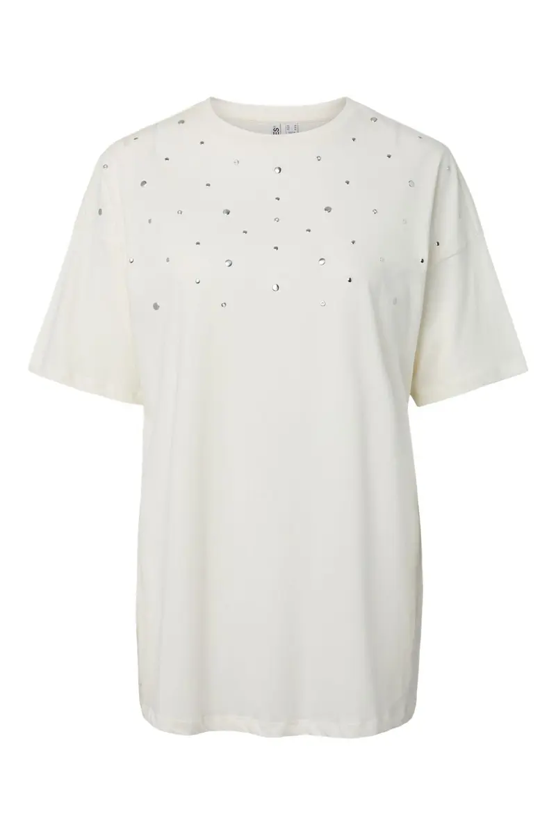 Pieces - Pcskylar Ss Detail Tee Fsy Pp - 5036991 Cloud Dancer Rhinestone/Studs