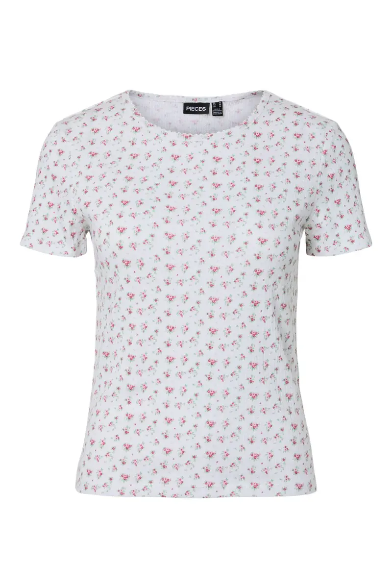 Pieces - Pcturiel Ss O-Neck Printed Tee - 4993293 Cloud Dancer Pink Flowers