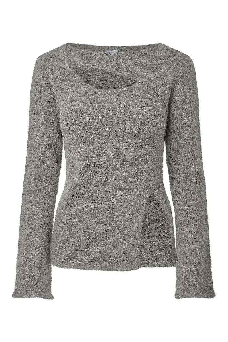 Pieces - Pcvallie Ls Slit Knit - 5196889 Medium Grey Melange