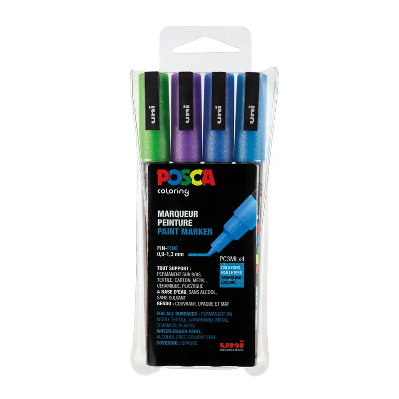 Posca tuscher, 4-pak blå/grøn glitter 0,9-1,3mm