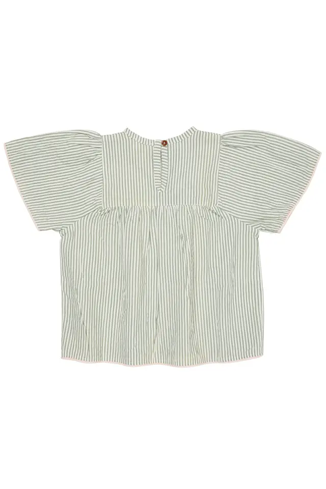 Seersucker blouse with contrast edge - Green with cream stripe with dusty rose