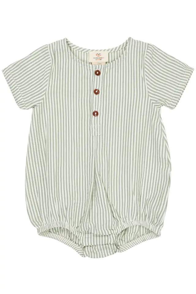 Seersucker romper with sleeves - Green with cream stripes