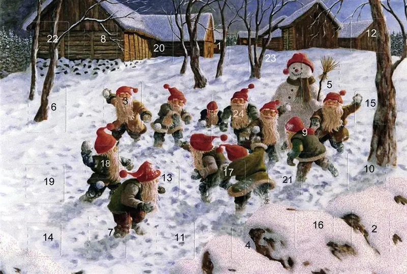 Sneboldekamp Julekalenderkort m/ 24 låger, kuvert og glimmer af Jan Bergerlind