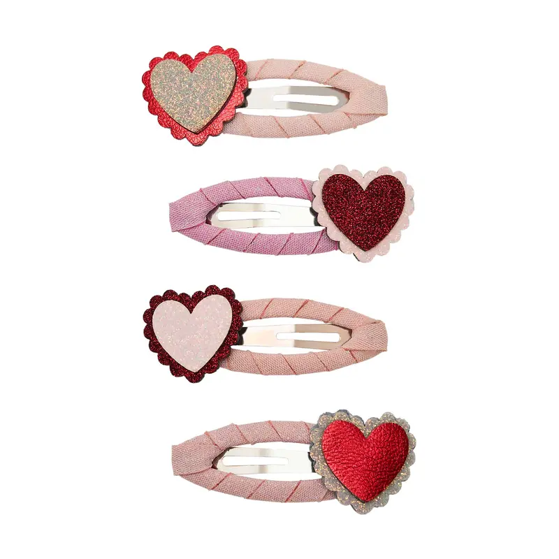 SPÆNDER 4 STK HJERTER GLITTER RØD/PINK