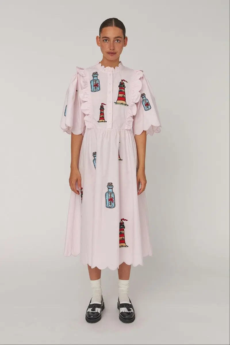 Stella Nova - Embroidered Midi Dress With Scallopseb61-4430 - 558 Pale Pink