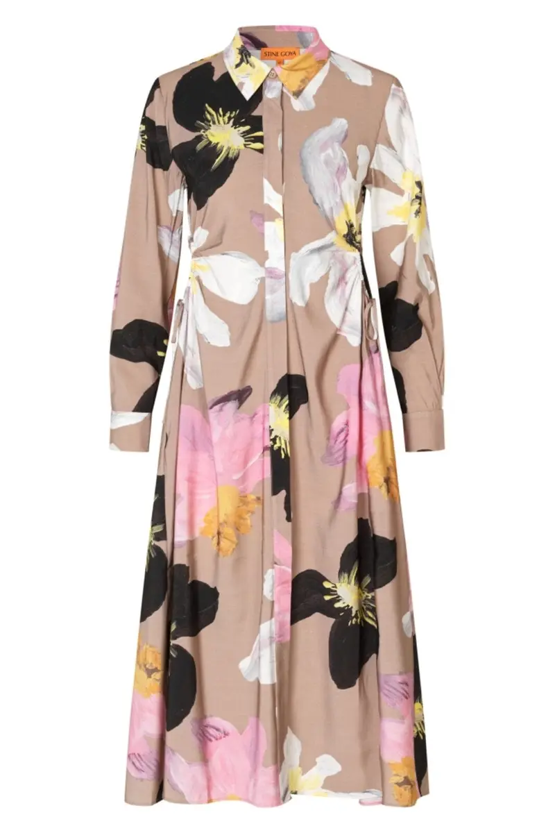 Stine Goya - 2070 Light Fluid Ecovero, Waist Gather Shirt Midi Dresssg-pf25-d146-2070 - Wild Flowers