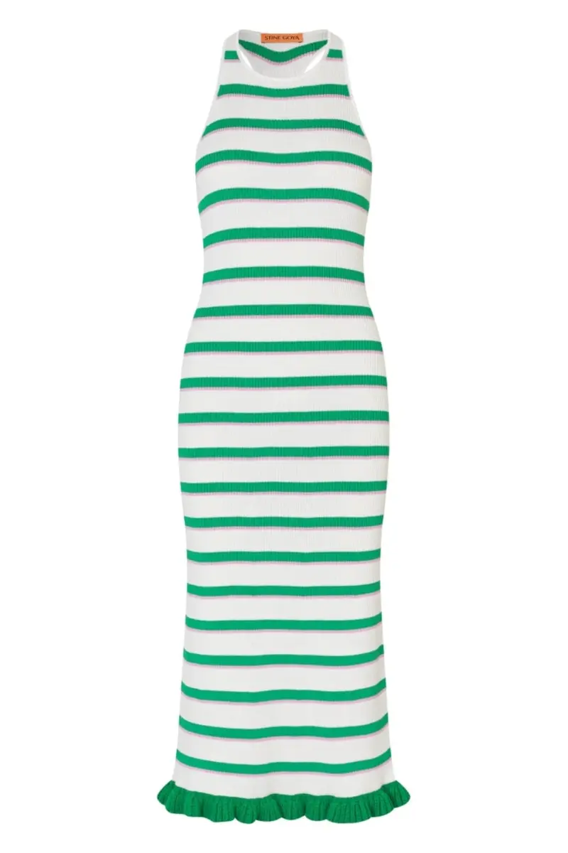 Stine Goya - 2383 Lightweight Knit, Ruffle Tank Dresssg-pf25-d147-2383 - Green And Pink Stripes