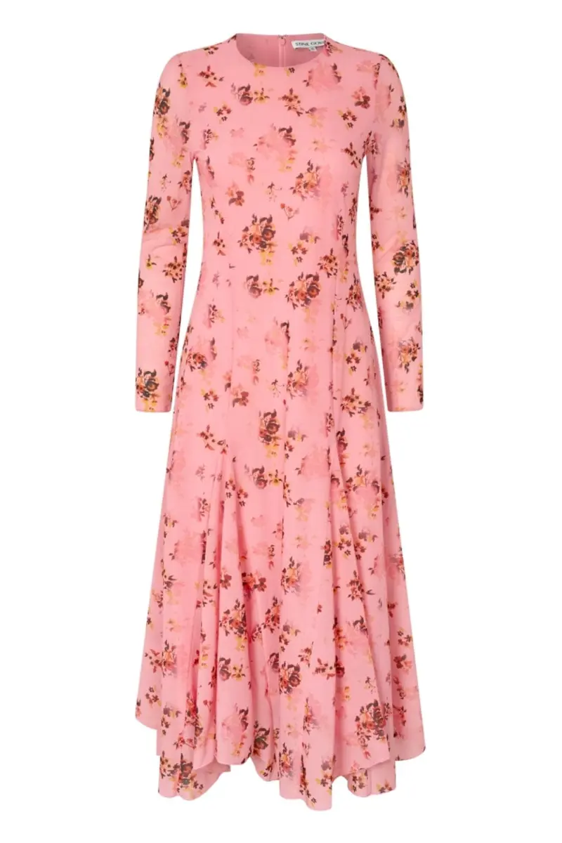 Stine Goya - 2408 Sheer Ruffling Jersey, Long Sleeve Ruffling Midi Dresssg-aw25-d161-2408 - Pink Magnolias