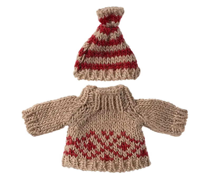 Strikket sweater og hue til mus, Rødstribet