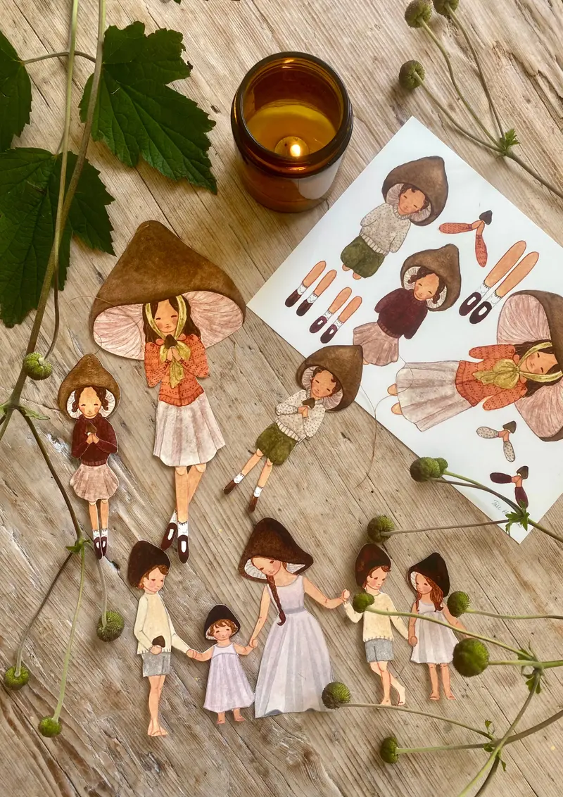 Tall Hat Tales - Hand-painted Brown Mushroom Family
