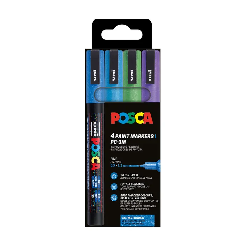 Tuscher, 4-pak, Blå Glitter, 0,9-1,3 mm