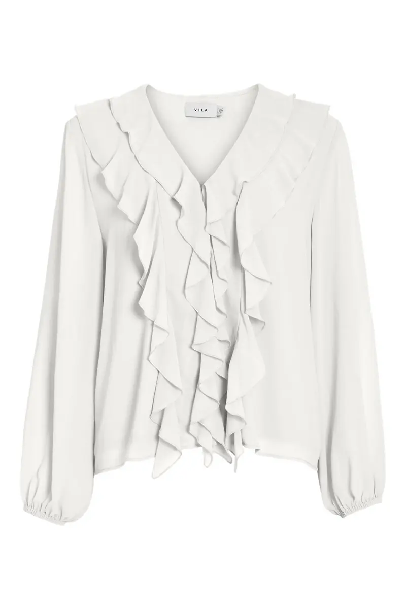 Vila - Viane L/S V-Neck Frill Top/Ka - 4977835 Snow White