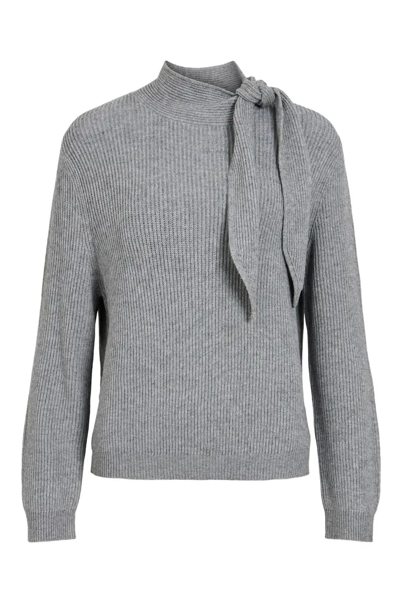 Vila - Viril Highneck L/S Tie Detail Knit-Noos - 5105138 Medium Grey Melange