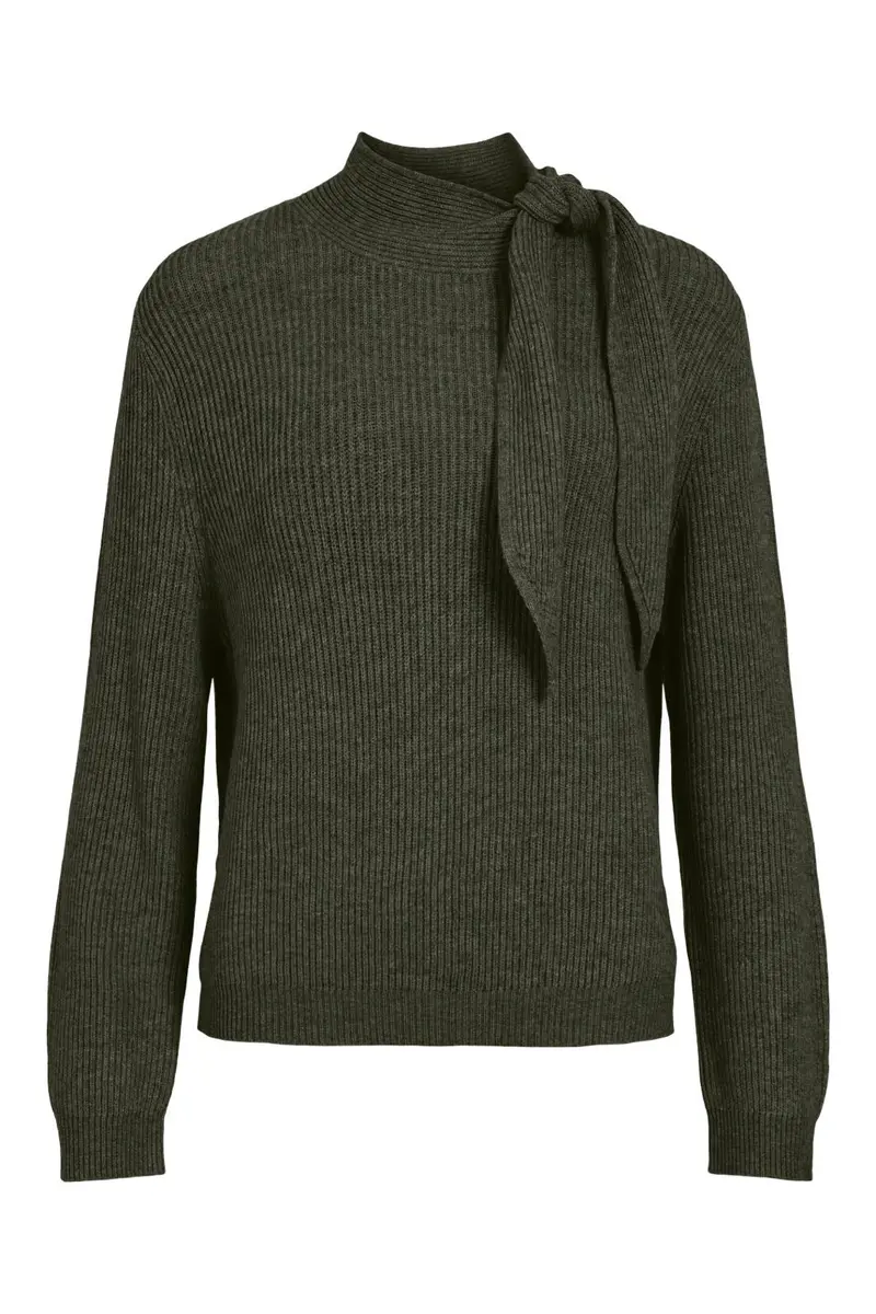 Vila - Viril Highneck L/S Tie Detail Knit-Noos - 5212698 Forest Night Dark Melange